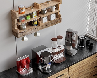 Coffee Machine Bean Grinder Straight Drink Machine Pot Kettle Cup Coffee Cup Coffee Bean Tea Bag Kitchen Supplies Solid Wood Cabinet Solid Wood Storage Rack 3d model