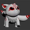 White Fox Cartoon Character With Red Patterns Big Red Eyes And Three Tails