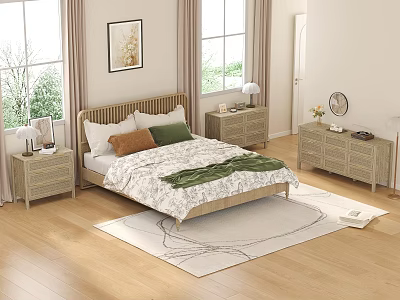 Modern Bedroom Interior With Bed Nightstands Area Rug And Curtained Windows 3d model