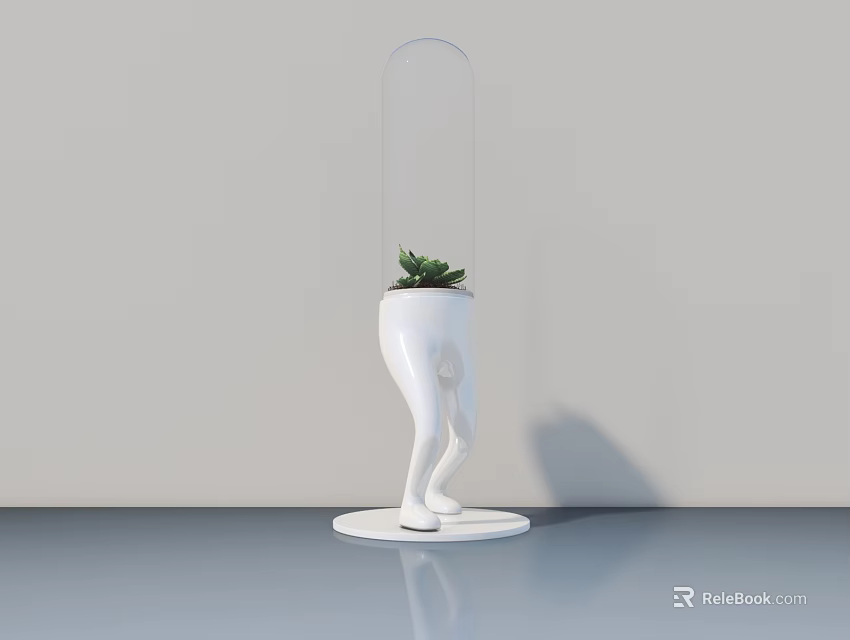 White Leg Shaped Bonsai Plant Pot With Transparent Cover Round Base On Smooth Table 3d model 