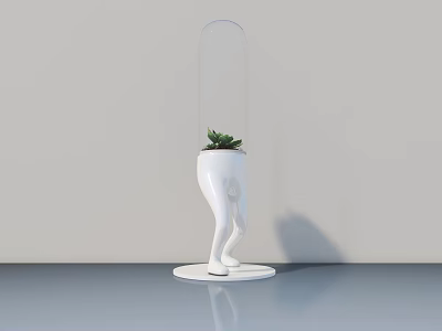 White Leg Shaped Bonsai Plant Pot With Transparent Cover Round Base On Smooth Table 3d model