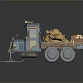 Cartoon Snow Truck with Blue Orange Design Tracks Skis and Loaded Yellow Items