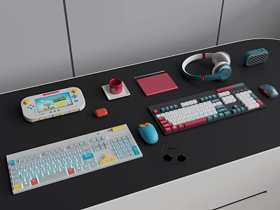 Stylish Headphones and Speaker on Modern Desktop Workspace with Keyboards Mouse Tablet and Accessories 3d model
