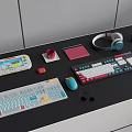 Stylish Headphones and Speaker on Modern Desktop Workspace with Keyboards Mouse Tablet and Accessories