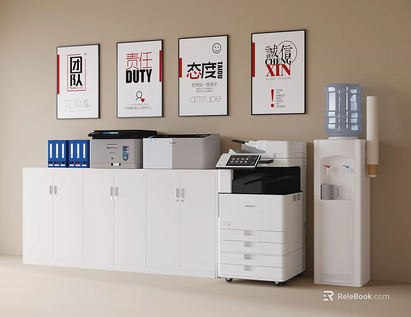 Office Space With Wall Posters Cabinets Printer And Water Dispenser 3d model 