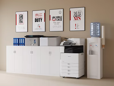 Office Space With Wall Posters Cabinets Printer And Water Dispenser 3d model
