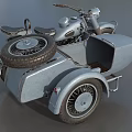 Vintage Motorcycle with Light Blue Sidecar Brown Seats and Spare Tire on Roof