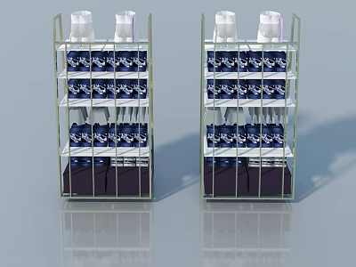 Double Layered Metal Swing Door Storage Racks With Blue White Bottles And Dark Base 3d model