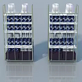 Double Layered Metal Swing Door Storage Racks With Blue White Bottles And Dark Base