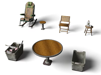 Assorted Furniture Collection With Rocking Chair Wooden Chair Round Table Stool And Storage Bin 3d model