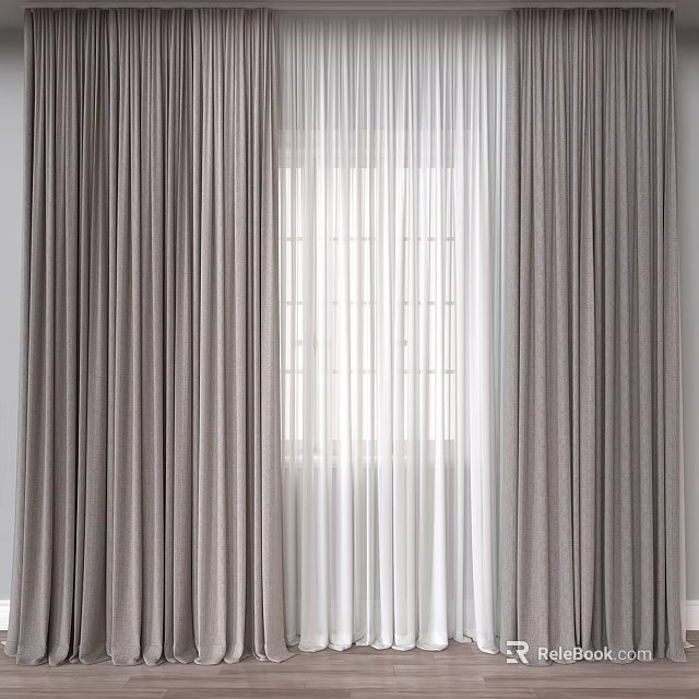 Elegant Grey And White Window Curtains With Sheer Panels For Bright Interior 3d model 