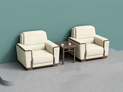Beige Wooden Sofa and Coffee Table Set with Tea Cups on Light Green Wall 3d model