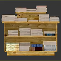 Books And Magazines Displayed On Wooden Stand With Various Stacked Types And Colorful Covers