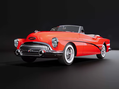 Red Vintage Convertible Car With Classic Chrome Grille And White Wall Tires 3d model