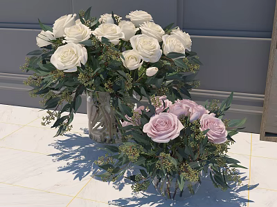 White and Pink Roses in Transparent Glass Vase with Green Leaves and Branches 3d model