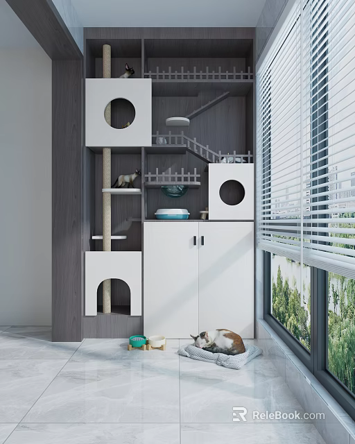 Home Balcony Design with Cat Tree Cat Bed and Green Plants Near Window Blinds and Cat Bowls 3d model 