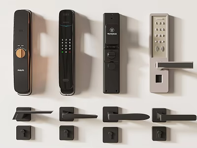 Modern Smart Locks And Traditional Door Handles In Black And Silver Design 3d model