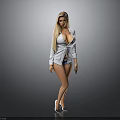 Blonde Woman Standing In Open Gray Shirt Holding Phone With Blue Underwear And High Heels