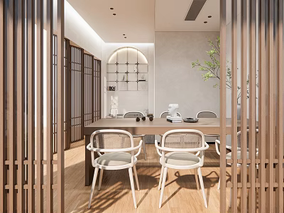 Modern Open Study Room Interior Design With Wooden Partition Dining Table And Green Plant 3d model