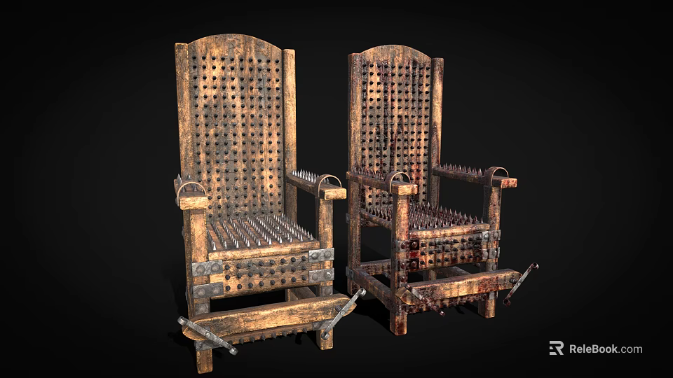 Medieval Wooden Chair with Metal Spikes Carved Armrests and Aged Finish 3d model 