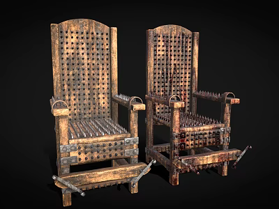 Medieval Wooden Chair with Metal Spikes Carved Armrests and Aged Finish 3d model
