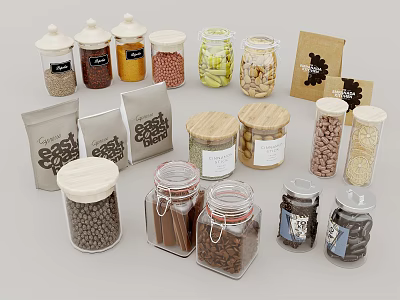 Glass Spice Jars with Wooden and Metal Lids Storing Various Spices and Packaging Bags 3d model