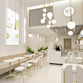 Modern Bright Milk Tea Shop Interior With Open Layout Tables Chairs And Hanging Lights