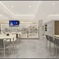 Modern Restaurant Entrance Hall Featuring Silver Turnstiles Marble Columns And Green Billboard
