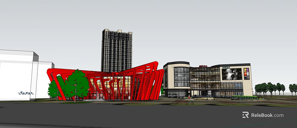 Modern Commercial Complex With Red Architectural Structure Tall Building And Green Trees 3d model 