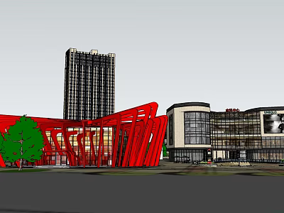 Modern Commercial Complex With Red Architectural Structure Tall Building And Green Trees 3d model