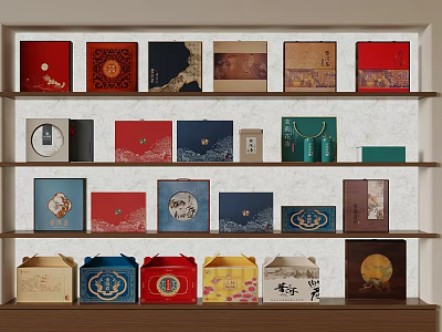 Traditional And Modern Gift Boxes Display On Wooden Shelves With Various Patterns 3d model