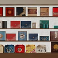 Traditional And Modern Gift Boxes Display On Wooden Shelves With Various Patterns