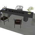 Modern Tea Table and Chairs with Wooden Surface Tea Set and Green Plant