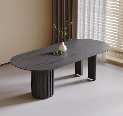 Oval Gray Wooden Desk With Cylindrical Legs White Vase Green Plant And Fruits 3d model