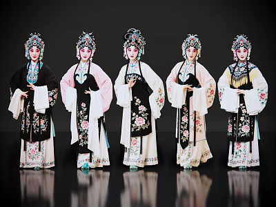 Women In Traditional Chinese Opera Costumes With Elaborate Embroidery And Ornate Headdresses Against Black Background 3d model