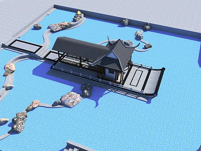 Cartoon Scene Of Traditional Chinese Pavilion Over Blue Water With Stones And Bridge 3d model