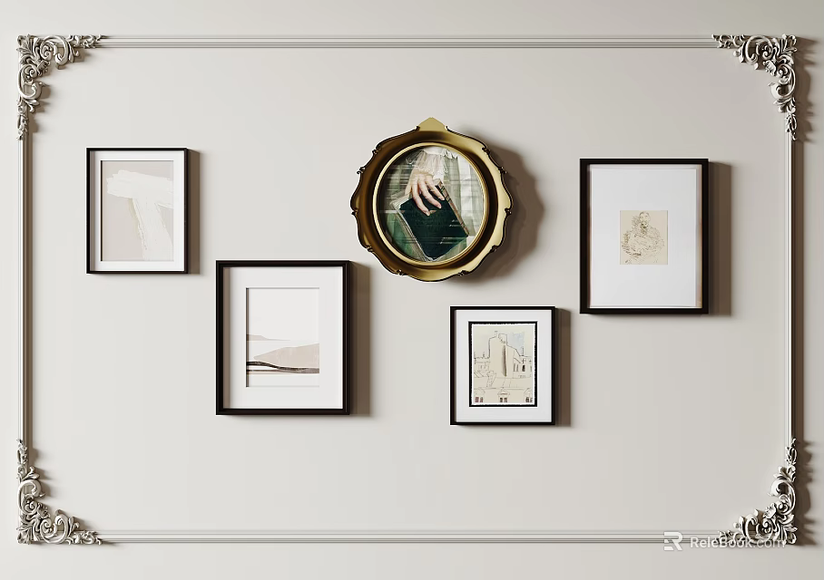 Modern Interior Wall Decor with Mixed Framed Art and Gold Circular Decoration 3d model 