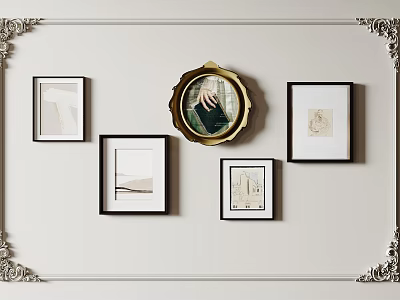 Modern Interior Wall Decor with Mixed Framed Art and Gold Circular Decoration 3d model