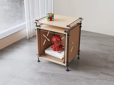Industrial Style Light Wooden End Table With Open Storage Space And Sturdy Metal Pipe Frame 3d model