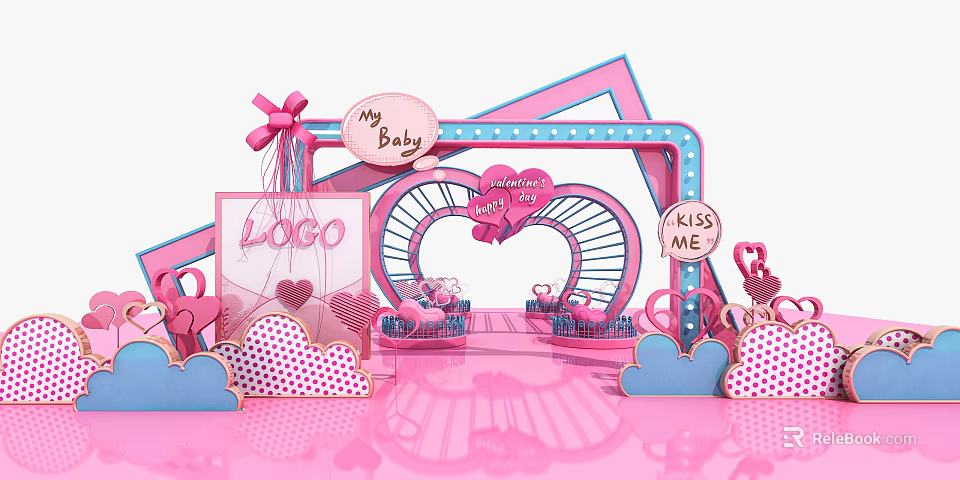 Cute Pink Photo Check-in Spot With Heart LOVE Sign Bow And Cloud Decorations 3d model 