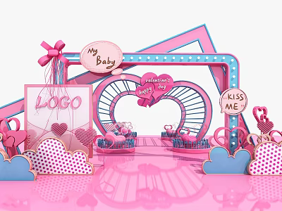 Cute Pink Photo Check-in Spot With Heart LOVE Sign Bow And Cloud Decorations 3d model