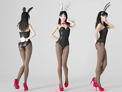 Woman In Black Bodysuit With Brown Stockings Red High Heels Rabbit Ears And Collar 3d model