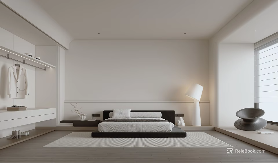 Modern Minimalist Bedroom Interior Design With Black Bed Frame White Bedding Floor Lamp Area Rug 3d model 