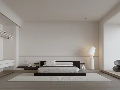 Modern Minimalist Bedroom Interior Design With Black Bed Frame White Bedding Floor Lamp Area Rug 3d model