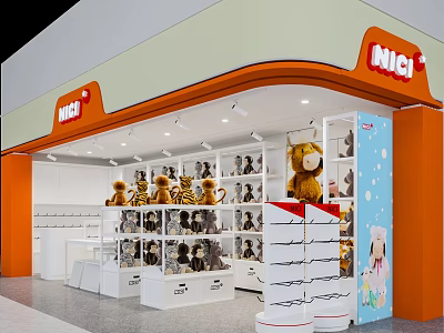 MWCI Shopping Mall Plush Toys Store with Orange White Design Display Shelves and Large Bears 3d model