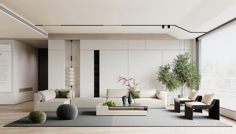 Modern Minimalist Living Room Interior Design With White Sofa Green Plants And Coffee Table 3d model 