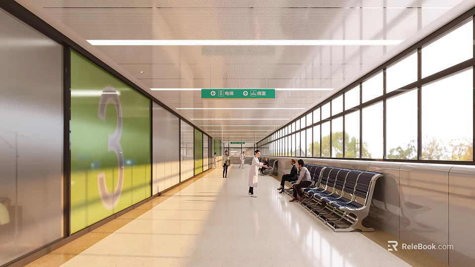 Hospital Outpatient Clinic Corridor With Seating Areas And Large Windows 3d model 