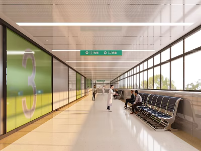 Hospital Outpatient Clinic Corridor With Seating Areas And Large Windows 3d model