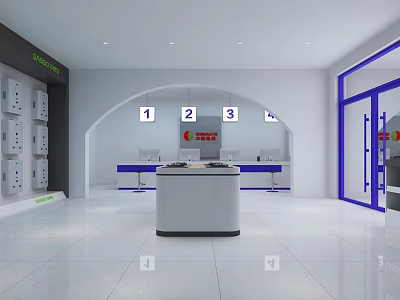 Modern Exhibition Hall With White Interior Blue Accents Numbered Signs And Central Counter 3d model