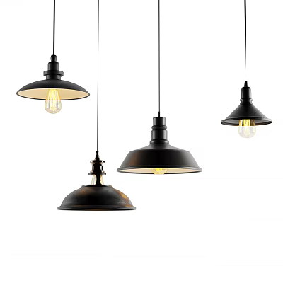 Black Industrial Style Pendant Lights With Various Designs And Exposed Bulbs 3d model